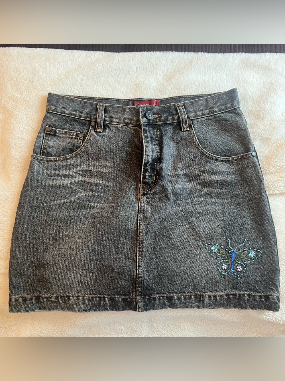 Vintage Black Washed Denim Mini Skirt with Embroidered Butterfly Accent